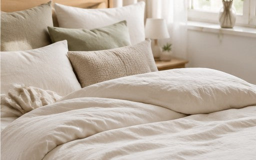 Kissen und Bettdecke auf einem hellen Bett